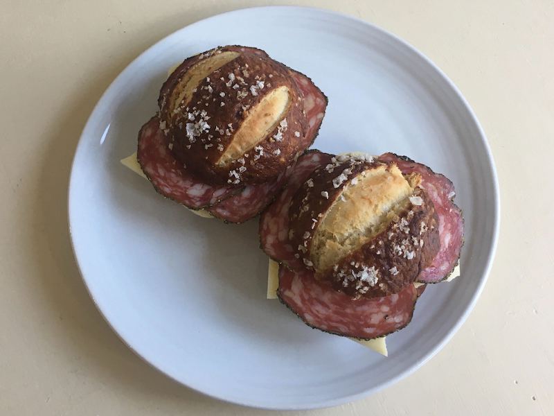 pretzel bread salami sandwich